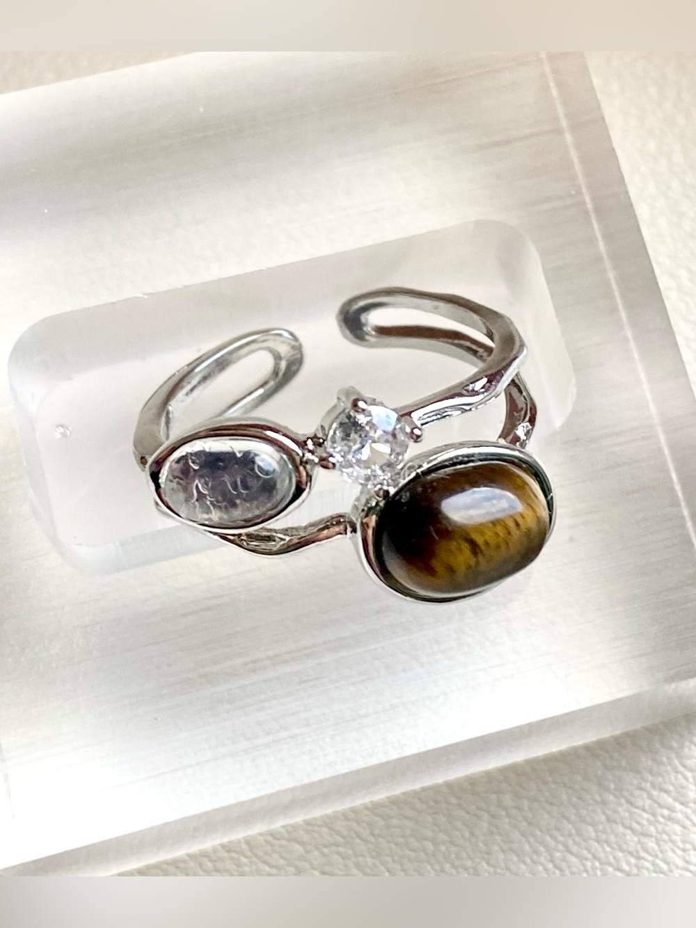 Silver Tiger Eye and Moonstone Ring with Cubic Zirconia